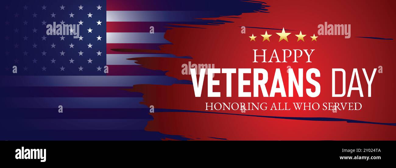 Happy Veterans Day Zu Ehren Aller, Die Banner-Vorlage Gedient Haben. 11. November USA Veteran Day National Holiday Web Banner Hintergrund mit amerikanischer Flagge Stock Vektor