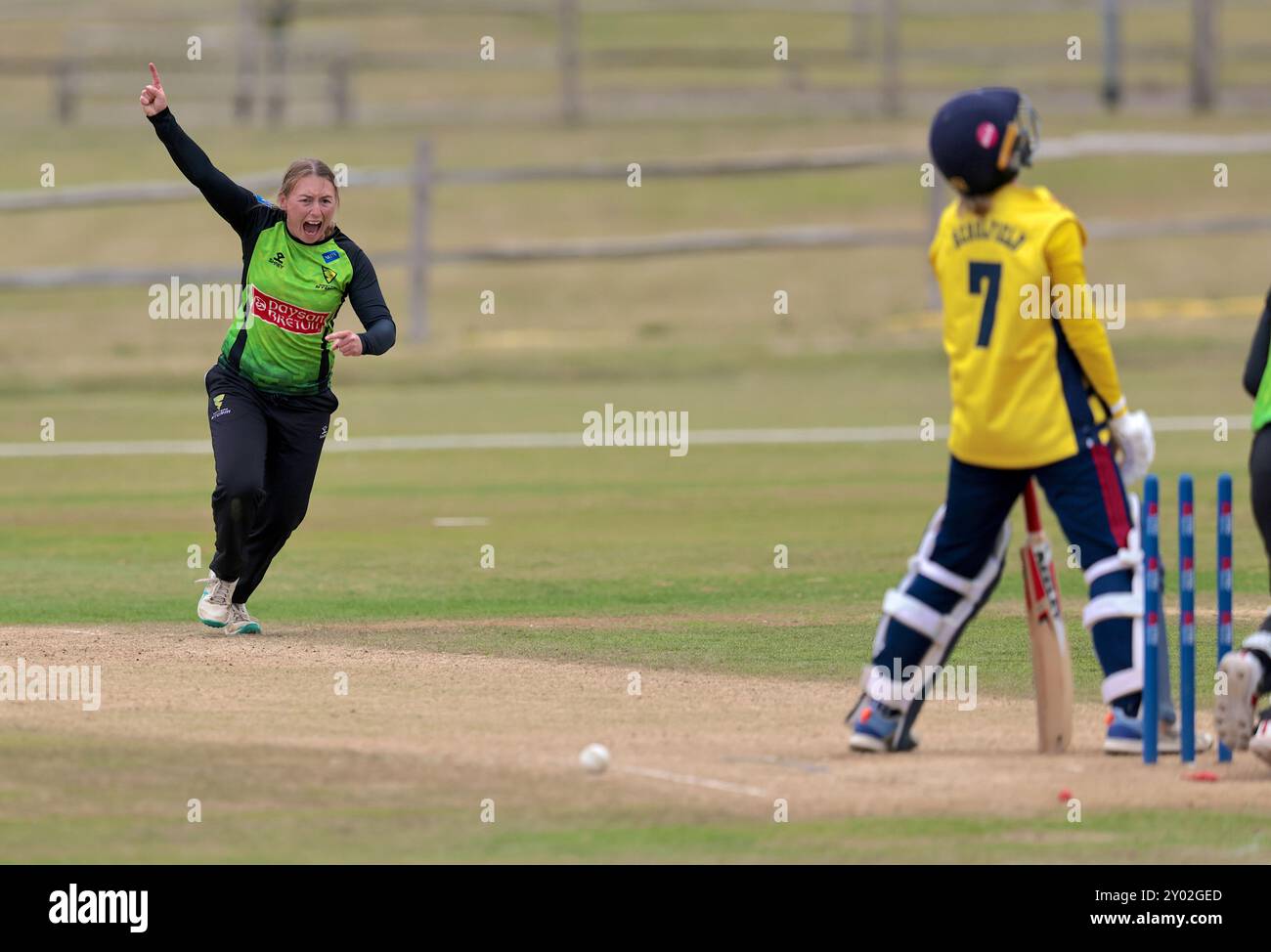 London, Großbritannien. 31. August 2024. Chloe Skelton von The Western Storm feiert nach dem Bowling von Paige Scholfield, während die South East Stars im Spiel der Rachael Heyoe-Flint Trophy auf dem County Ground in Beckenham gegen den Western Storm kämpfen. Quelle: David Rowe/Alamy Live News Stockfoto