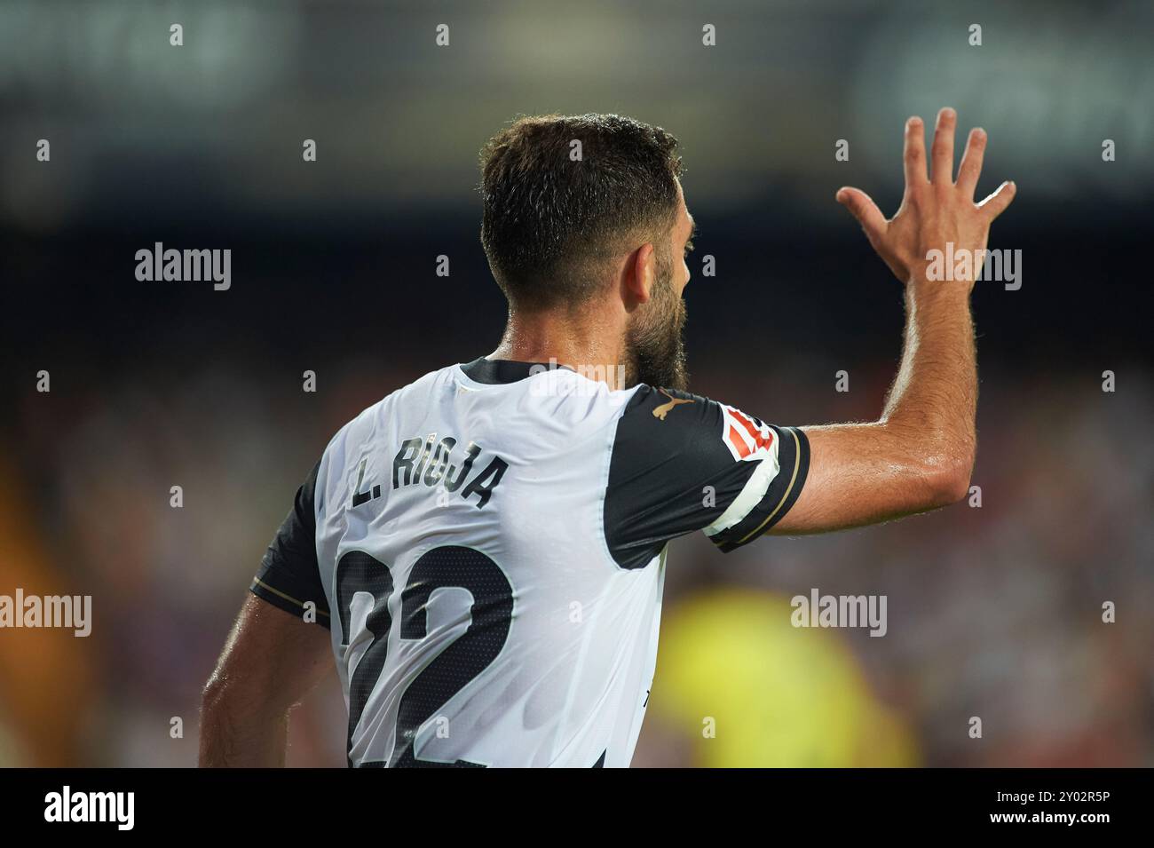 Luis Rioja Gonzalez von Valencia CF wurde während des Spiels zwischen Valencia CF und Villareal FC im Mestalla Stadium gesehen. Endergebnis; Valencia CF 1 Stockfoto