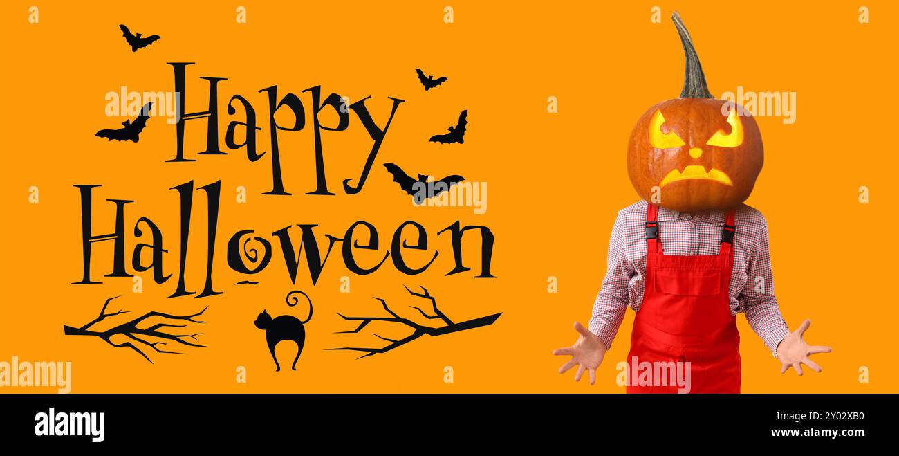 Bauer mit Jack-O-Lantern Kürbis statt Kopf Stockfoto