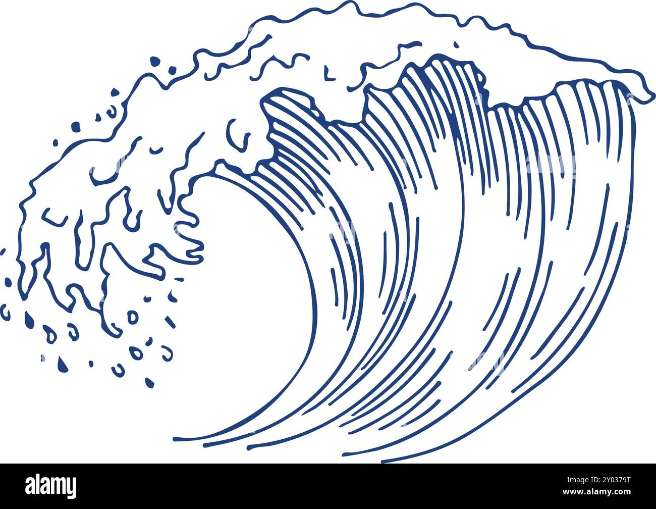 Tsunami-Zeichnung. Große blaue Zeichnung der Meereswelle Stock Vektor