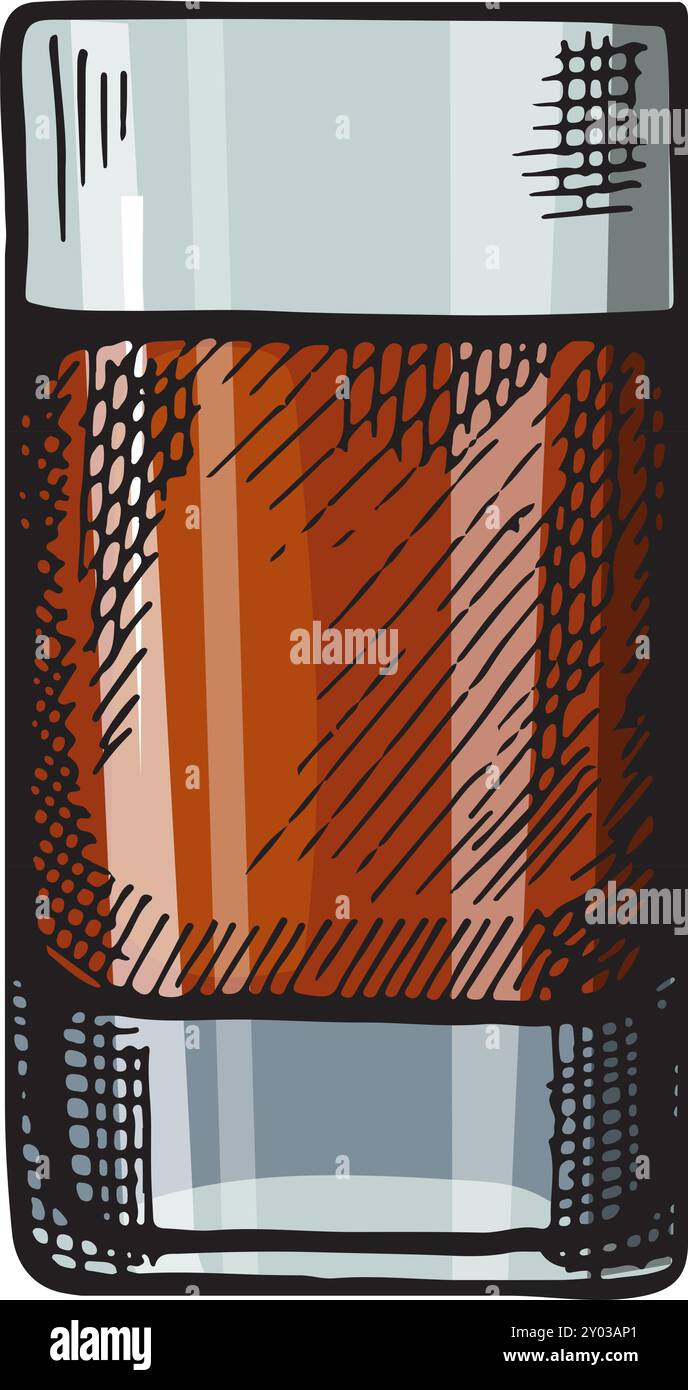 Bourbon Shot Gravur. Schnaps oder Scotch Trinkglas Stock Vektor