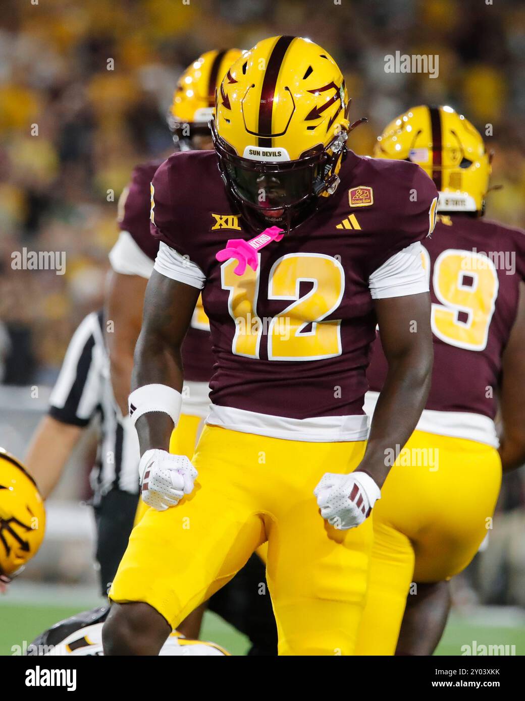 31. August 2024: Die Arizona State Sun Devils Defensive Back Javan Robinson (12) feiert nach einer Niederlage in der ersten Halbzeit gegen die Wyoming Cowboys im Desert Mountain Park in Tempe, Arizona. Michael Cazares/CSM. Stockfoto