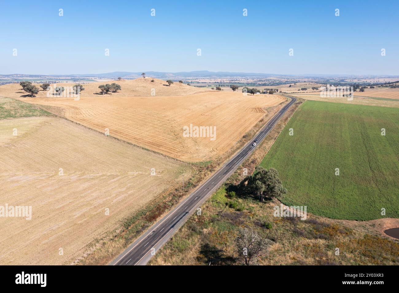 Aus der Vogelperspektive auf die ländliche Gegend um Canowindra mit Weizenfeldern und Feldfrüchten, während die Canowindra Road in der Landschaft verschwindet. Stockfoto