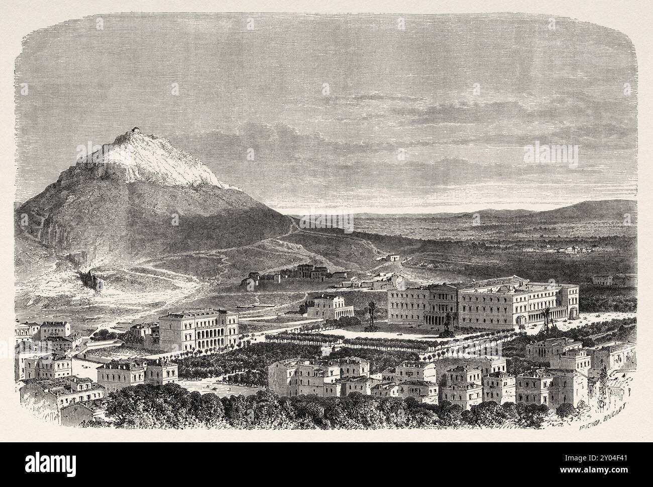 Blick auf Athen mit dem königlichen Palast und der Französischen Schule von der Akropolis aus, Athen. Griechenland, Zeichnung von Emile Therond (1821–1883) A Winter in Athen, 1857-1858 von Antonin Proust (1832–1905) Le Tour du Monde 1862 Stockfoto