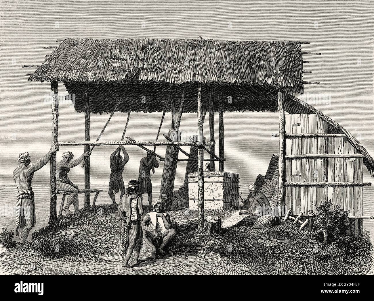 Traditionelle Schmiede unter den Dayak, Borneo Island, Malaysia, Zeichnung von Louis Francais (1814–1897) Reise zur Insel Borneo, 1847 von Carl Schwaner (1817–1851) Le Tour du Monde 1862 Stockfoto