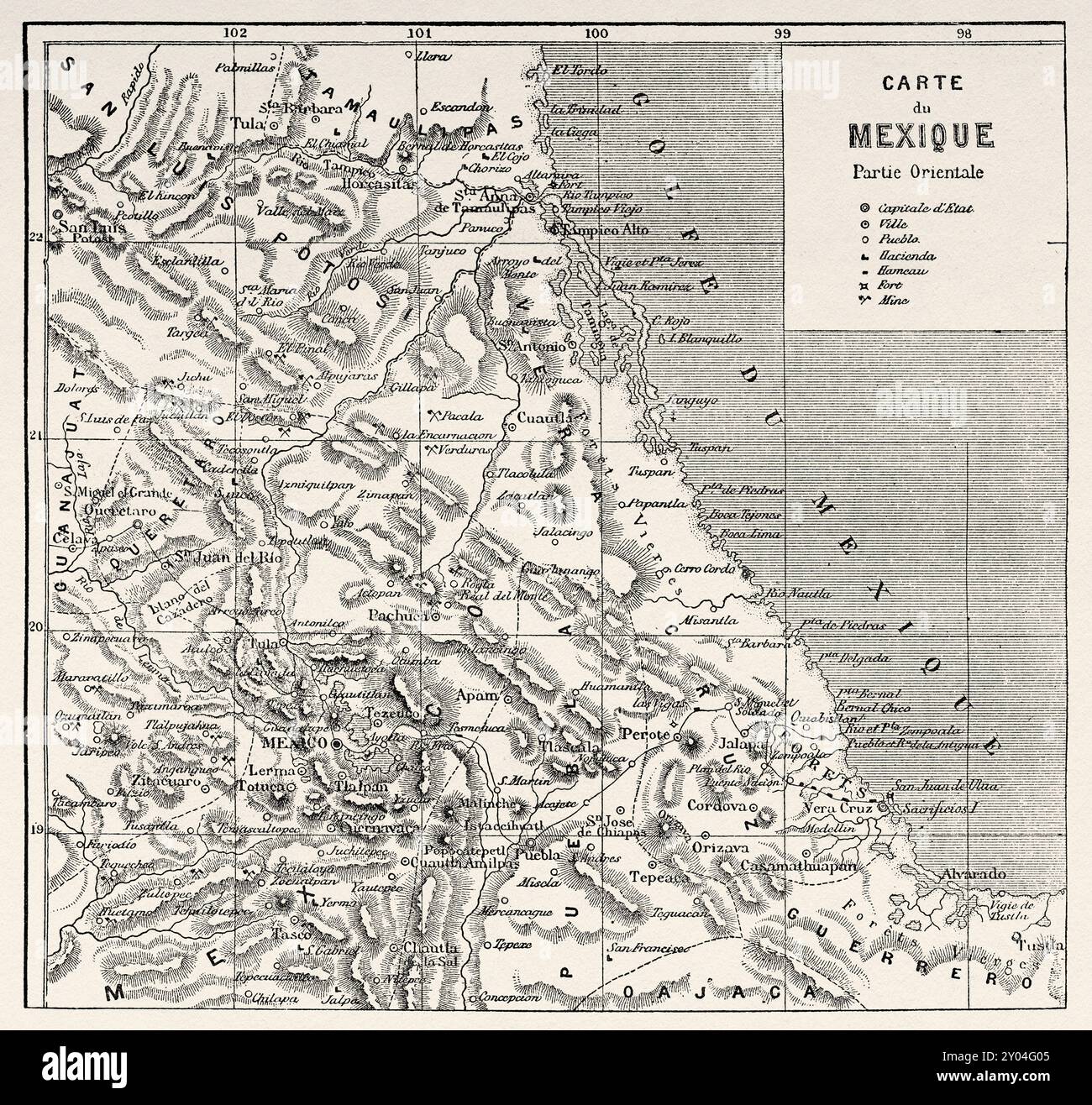 Alte Karte von Mexiko. Reisen Sie in Mexiko, 1854-1855 mit Ernest Vigneaux. Le Tour du Monde 1862 Stockfoto