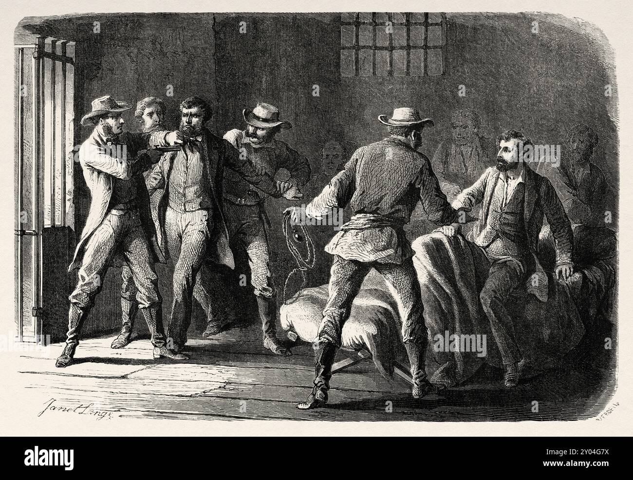 Befreiung des Abolitionisten John Doy und seines Sohnes Charles Doy im Gefängnis von Saint Joseph, Missouri. Unites States of America, Zeichnung von Janet lange (1815–1872) Adventures of a Kansas Abolitionist in Missouri, 1855. Geschichte von Dr. John Doy (1812-1869) Le Tour du Monde 1862 Stockfoto