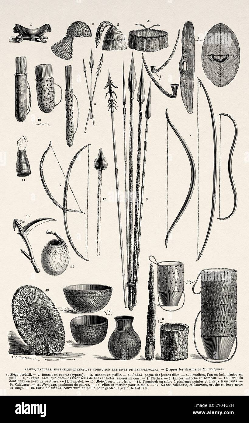 Antike afrikanische Objekte für Jäger, die von Menschen aus der Region Bahr el Ghazal im Sudan geschaffen wurden. Afrika, Zeichnung von Karl Girardet (1813–1871) Reise zum Gazellen-Fluss, Weißer Nil, 1856-1857 von Angelo Bolognese. Le Tour du Monde 1862 1. Tragbarer Sitz – 2. Kuhmütze (Cypraa) - 3. Strohdeckel - 4. RAHAD, junger Mädchenleinen - 5. Schilde, einer aus Holz, der andere aus Wasser - 6. 7. Pfeifen , Bögen, teilweise mit dünnen und starken Lederstreifen bedeckt - 8. Pfeile - 9. Speere, Bambusgriff - 10. Carouois mit zwei in Pantherhaut - 11. Armband – 12. Molod, eine Art Spaten - 13. Trombach oder Stockfoto