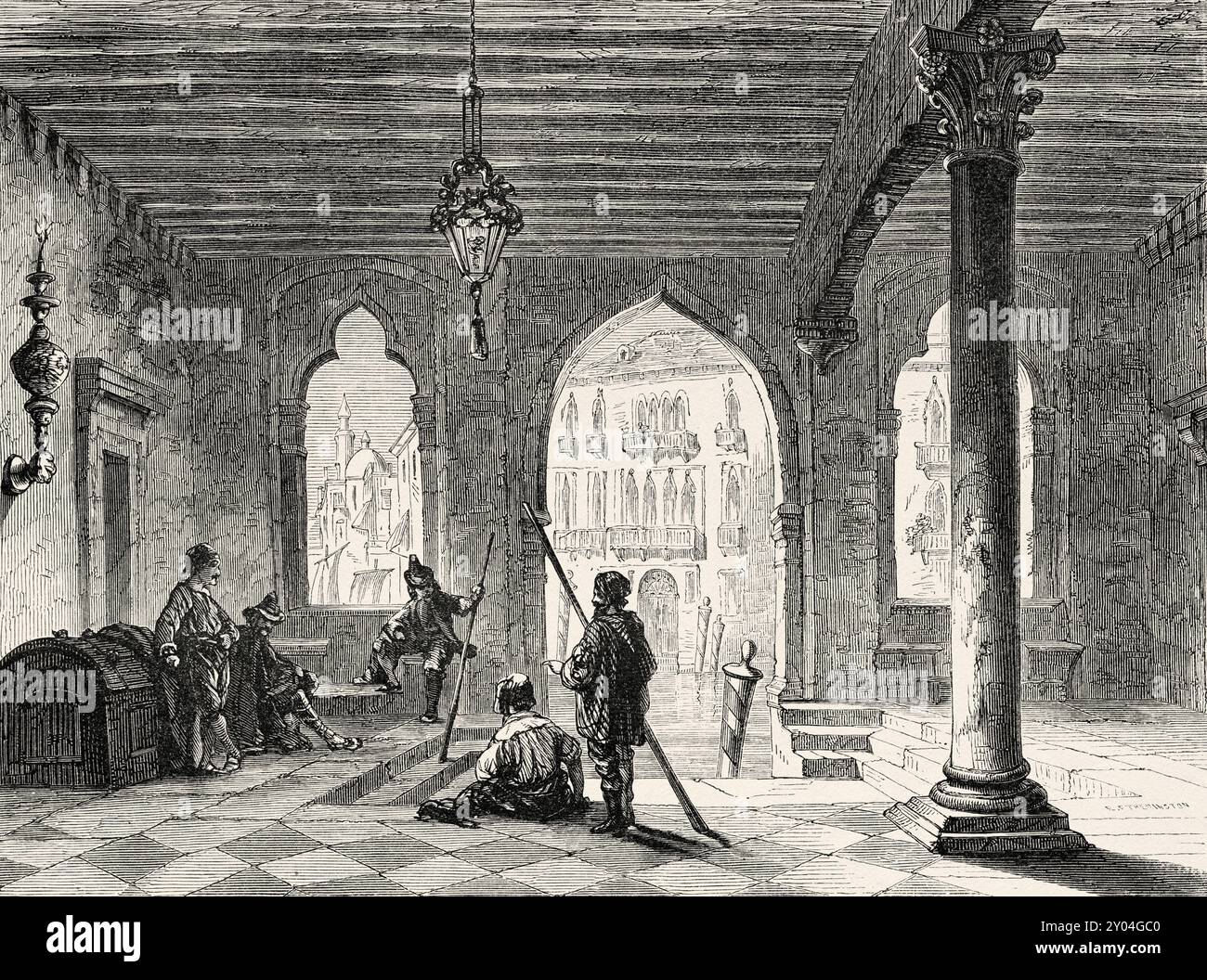 Atrium der Ca' Foscari Universität, Venedig. Italien, Zeichnung von Karl Girardet (1813–1871) Venedig von Adalbert de Beaumont (18091–1869) Le Tour du Monde 1862 Stockfoto