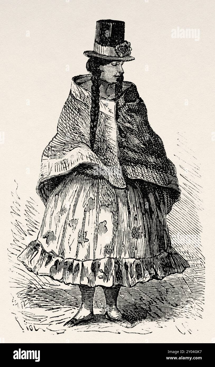 Chacarera-Frau. Bauer des Arequipa-Tals in traditioneller typischer Tracht gekleidet, Peru, Südamerika. Reisen Sie durch Südamerika vom Pazifik zum Atlantischen Ozean, 1848-1960 von Paul Marcoy (1815 - 1887) erste Etappe, von Islay nach Arequipa, Peru. Le Tour du Monde 1862 Stockfoto