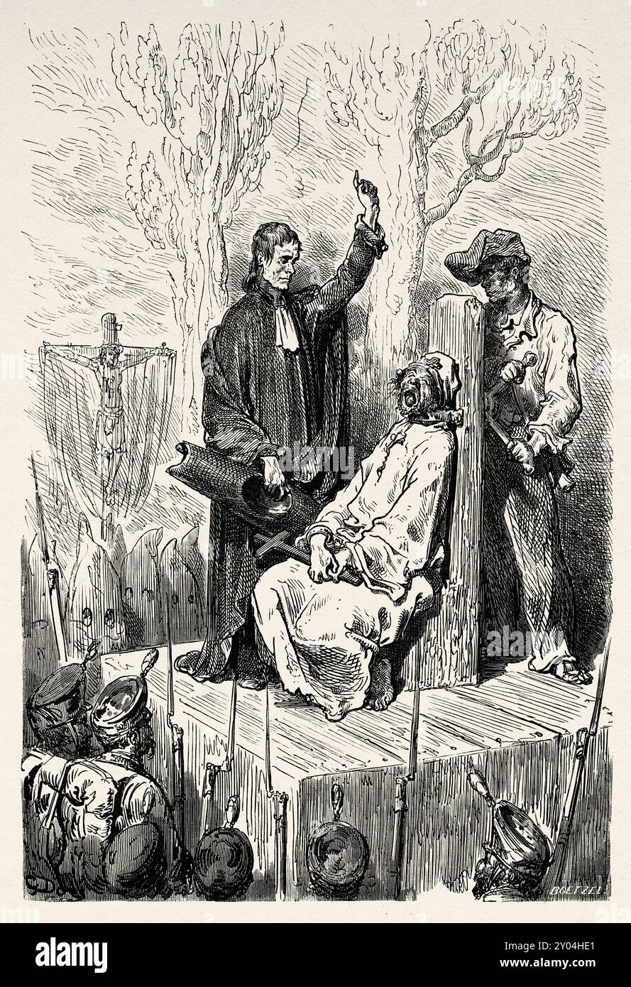 Eine Mörderin wird auf der Garrotte in Barcelona, Katalonien, bestraft. Reise nach Spanien, 1862 von Jean Charles Davillier (1823-1883), Zeichnung von Gustave Dore (1832-1883) Le Tour du Monde 1862, Stockfoto