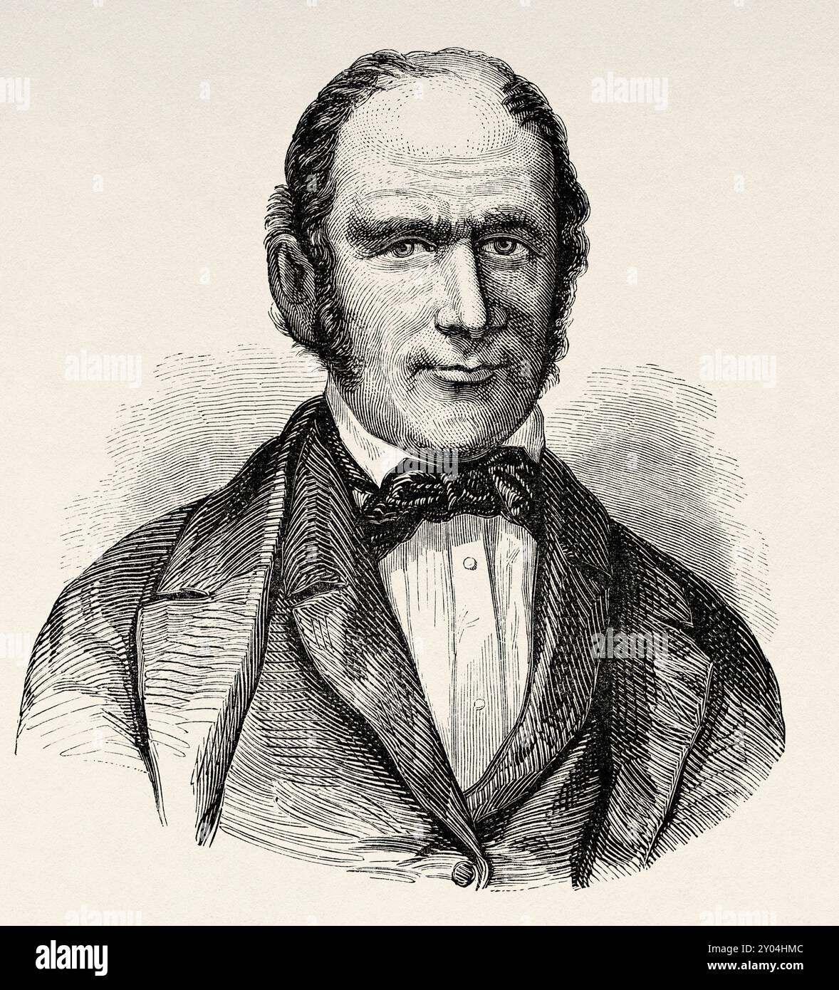 Der Vizepräsident der Mormonen Heber Chase Kimball (1801–1868) war ein Führer der frühen Bewegung der Heiligen der Letzten Tage. Er diente als einer der ursprünglichen zwölf Apostel in der frühen Kirche der Heiligen der Letzten Tage und als erster Ratgeber von Brigham Young in der Ersten Präsidentschaft der Kirche Jesu Christi der Heiligen der Letzten Tage. Vereinigte Staaten von Amerika, Zeichnung von Francois Fortune Ferogio (1805–1888) Journey to the City of Saints, 1860. Hauptstadt des Landes der Mormonen von Richard Francis Burton (1821–1890) Le Tour du Monde 1862 Stockfoto