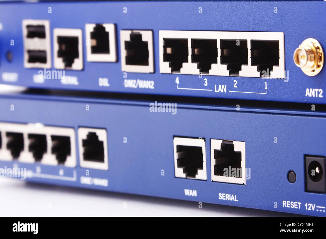 Nahaufnahme der ethernet-Ports des Routers Stockfoto