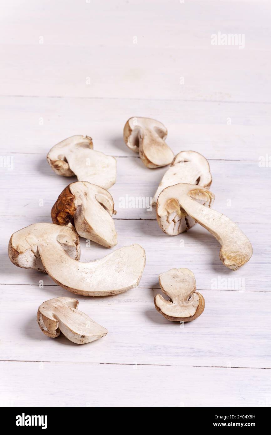 Rohe Stachelpilze auf Holz Stockfoto