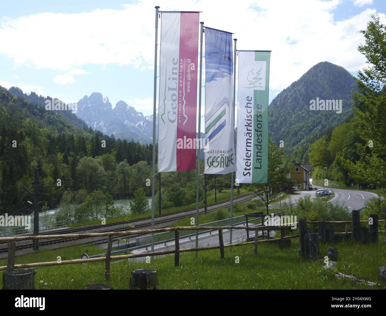 Fahnen im Informationszentrum, Nationalpark Gesaeuse, Steiermark, Österreich, Europa Stockfoto