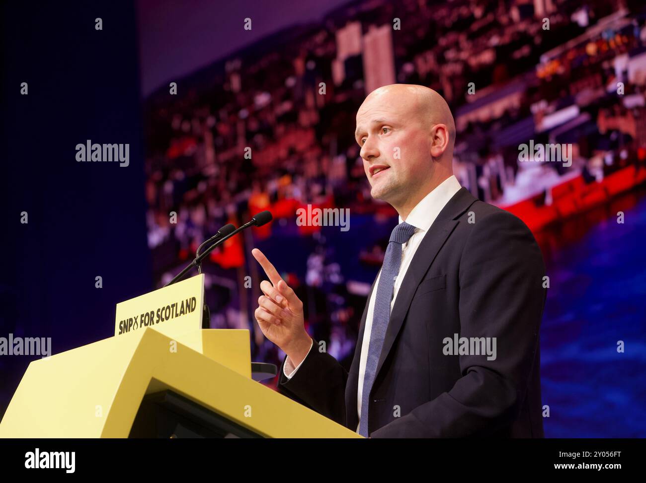 Edinburgh UK, 31. August 2024: Stephen Flynn, Vorsitzender der SNP in Westminster, spricht an die Delegierten auf der jährlichen Konferenz der Partei. Quelle: DB Media S Stockfoto