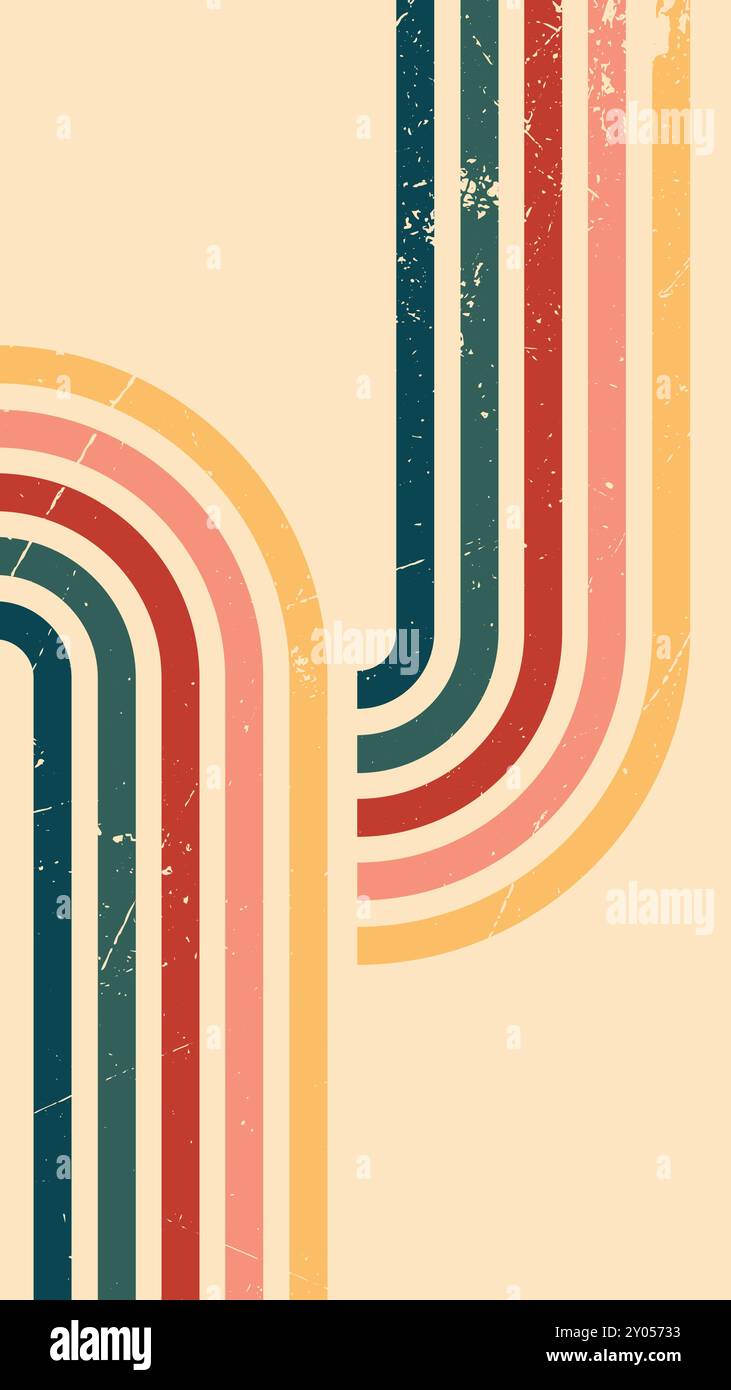 Abstrakter Hintergrund des Regenbogendesigns mit Wavy Line im Vintage Retro-Stil der 1970er Jahre. Alter Vintage Retro Hintergrund, Vektormuster Stock Vektor