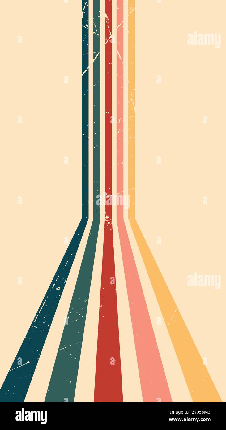 Abstrakter Hintergrund des Regenbogendesigns mit Wavy Line im Vintage Retro-Stil der 1970er Jahre. Alter Vintage Retro Hintergrund, Vektormuster Stock Vektor