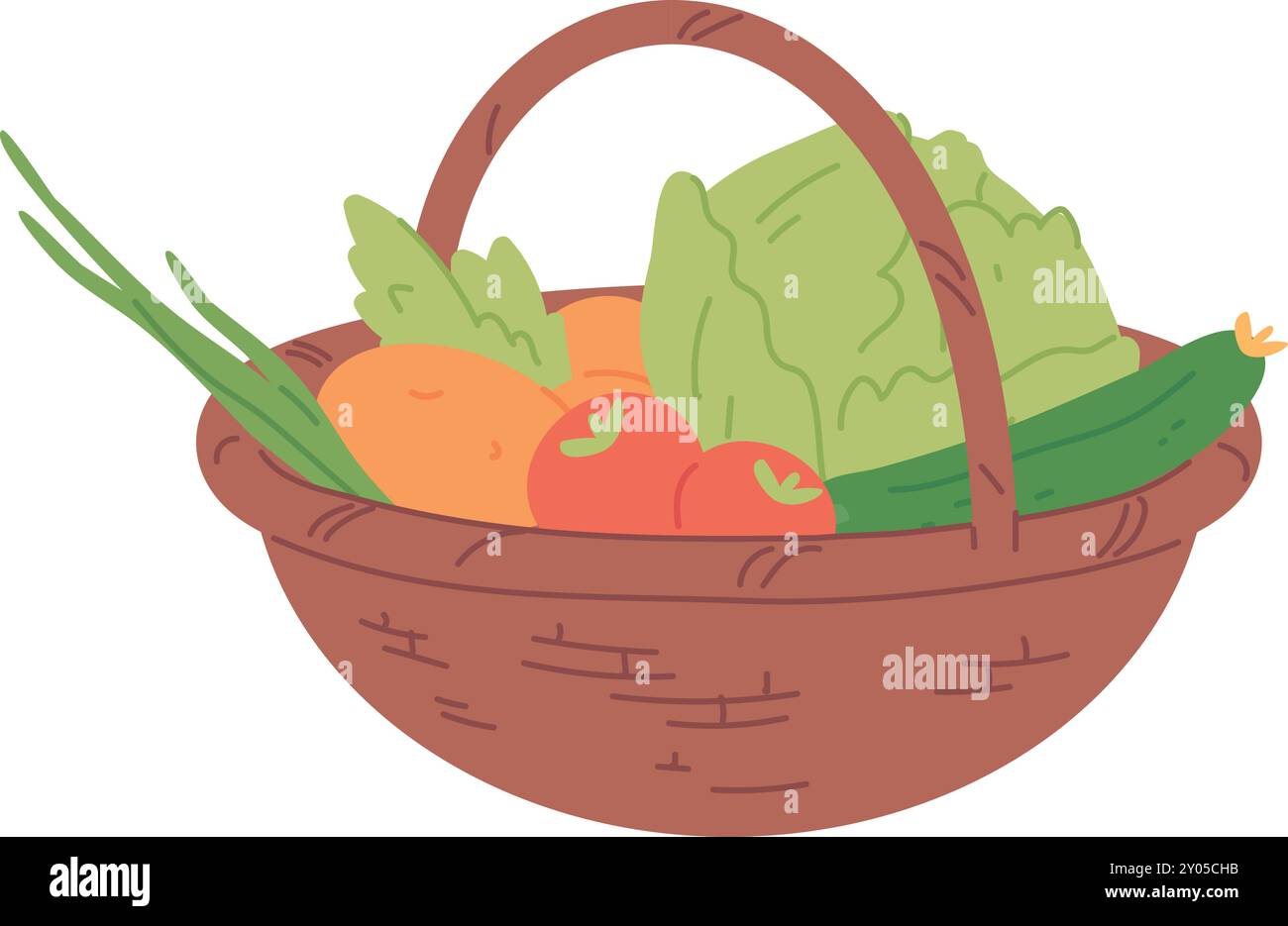 Frisches Gemüse im Korb. Farbsymbol für Lebensmittel auf weißem Hintergrund Stock Vektor