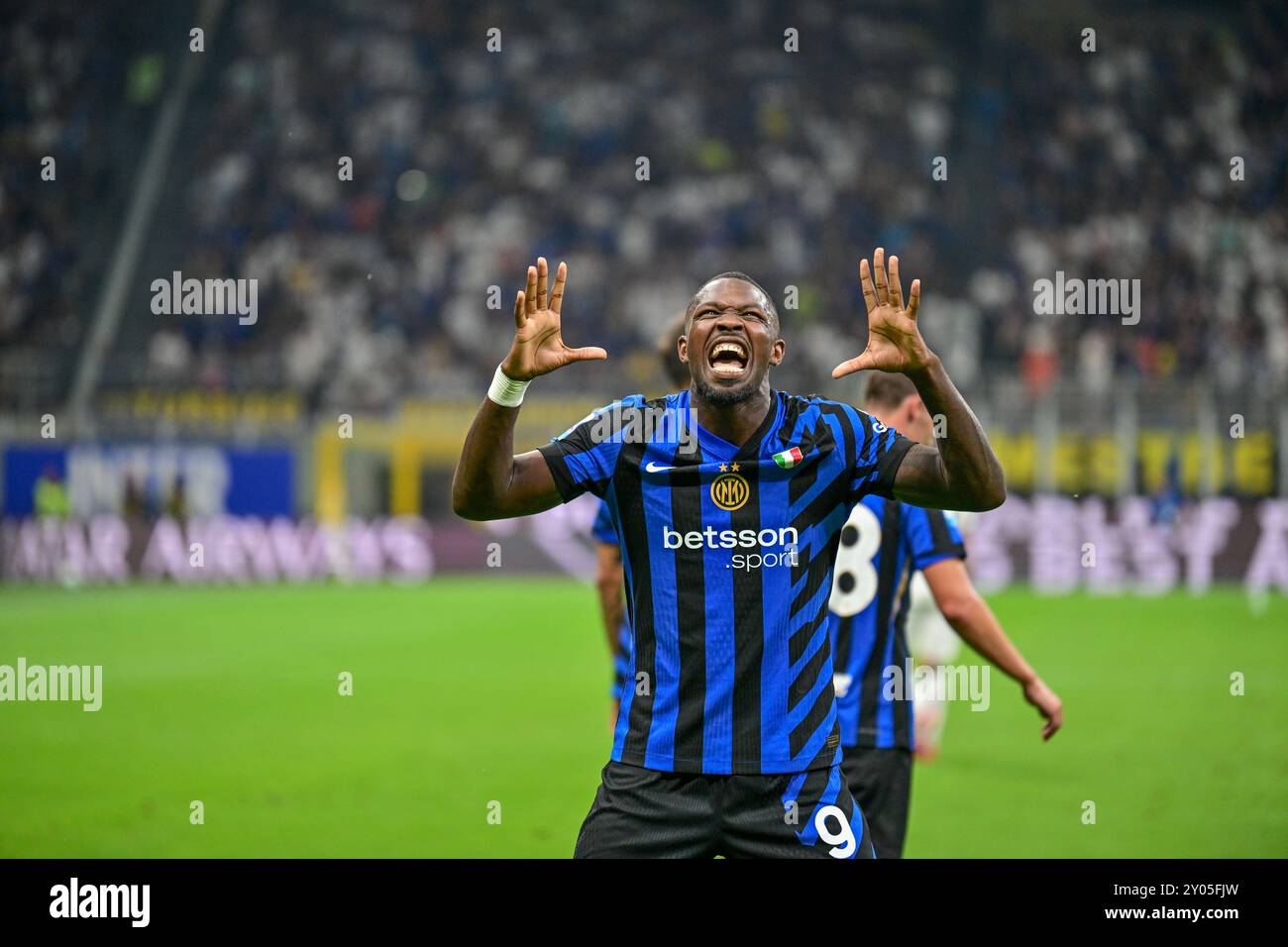 Mailand, Italien. 30. August 2024. Marcus Thuram (9) von Inter erzielte 4-0 im Spiel der Serie A zwischen Inter und Atalanta bei Giuseppe Meazza in Mailand. Stockfoto