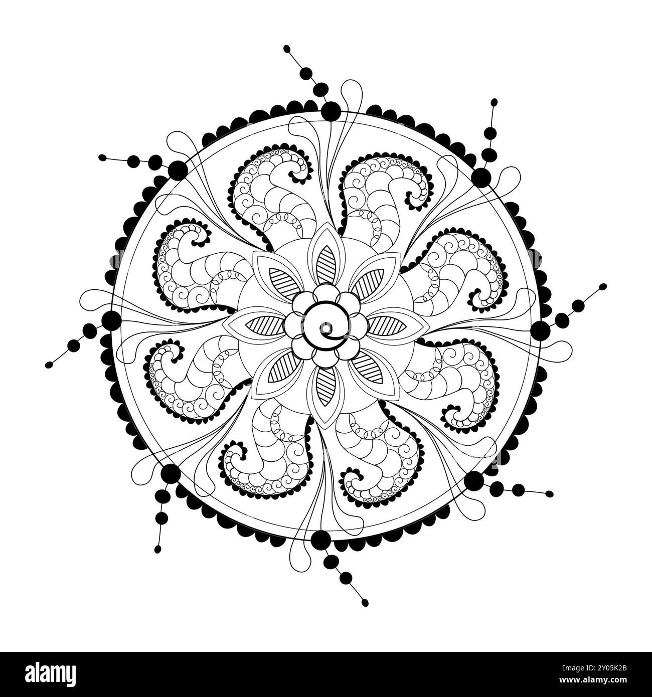 Meditatives Mandala. Ornament mit Radialsymmetrie. Kreisförmiges Ornament mit Elementen floraler und abstrakter Motive. Stockfoto