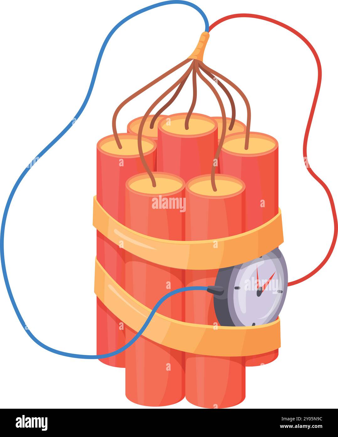 Symbol für die Zeichentrickbombe. Runder Zünder auf Sprengstäben isoliert auf weißem Hintergrund Stock Vektor