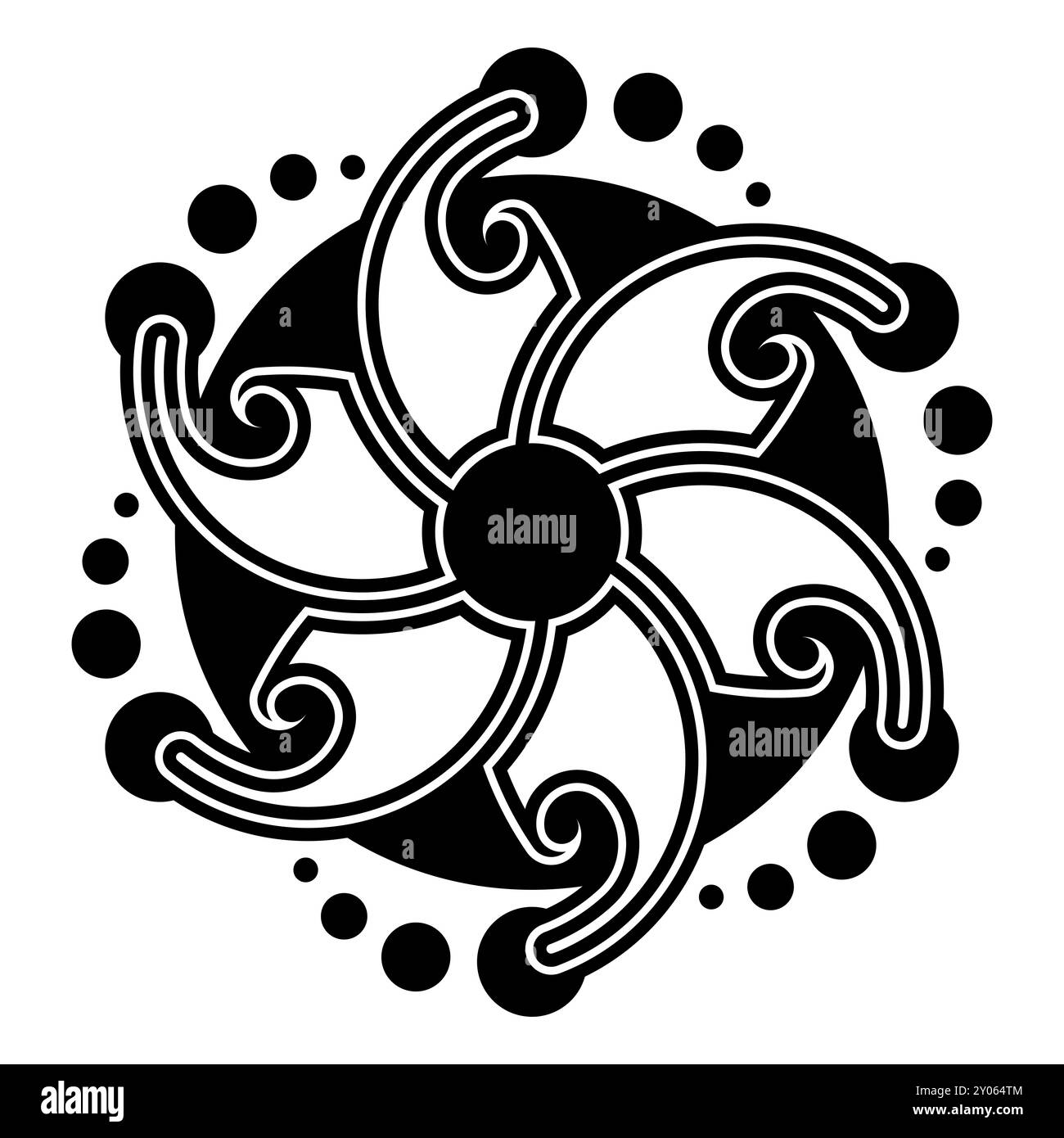 Pinwheel-förmiges Schnittkreismuster. Struktur in Form eines sechszackigen Sterns oder einer Blume mit sechs Blütenblättern, die sich gegen den Uhrzeigersinn drehen. Stockfoto