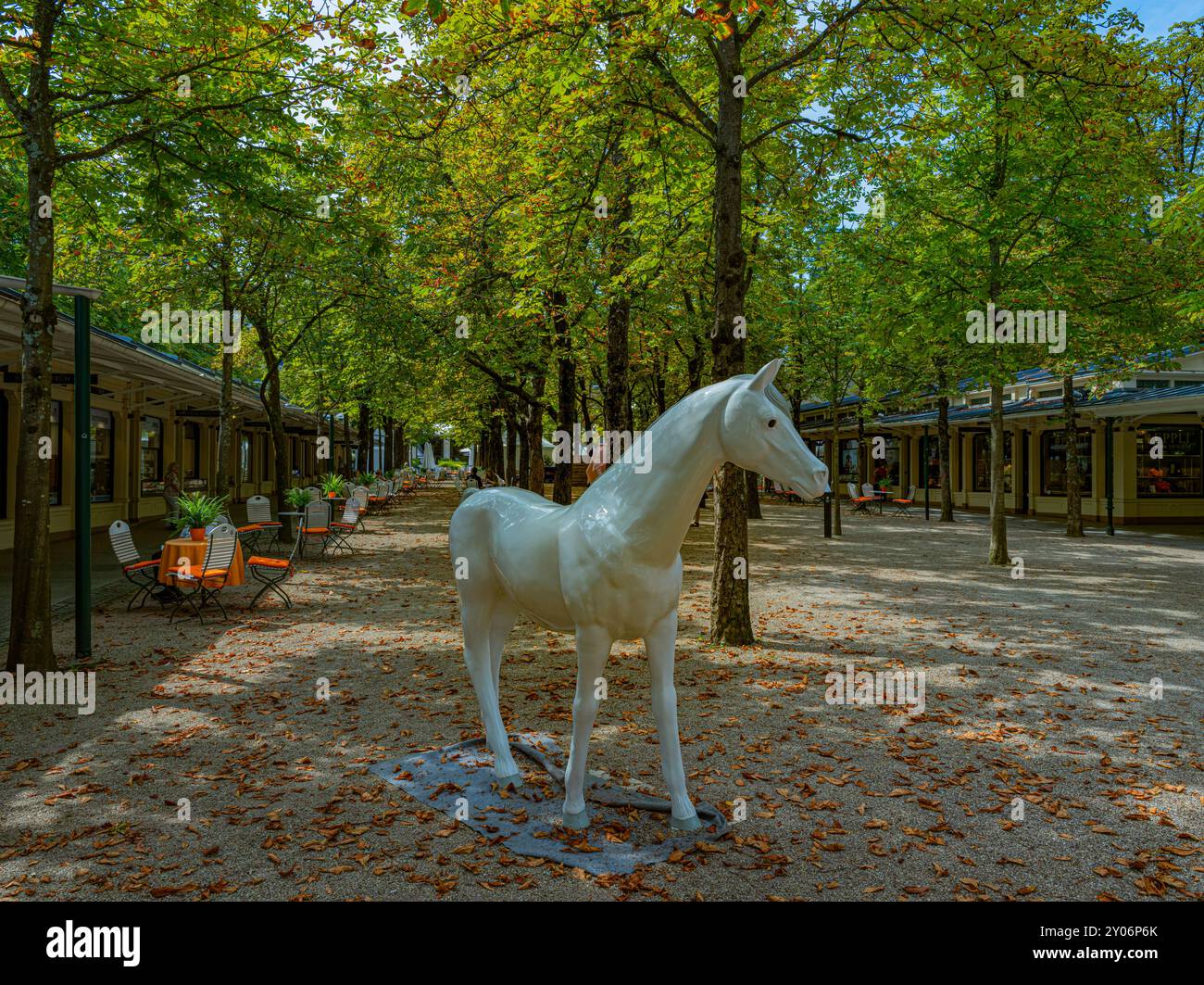 Kolonnaden in Baden Baden Baden. Mit Pferden während der Pferderenntage in Iffezheim. Württemberg, Deutschland, Europa Stockfoto