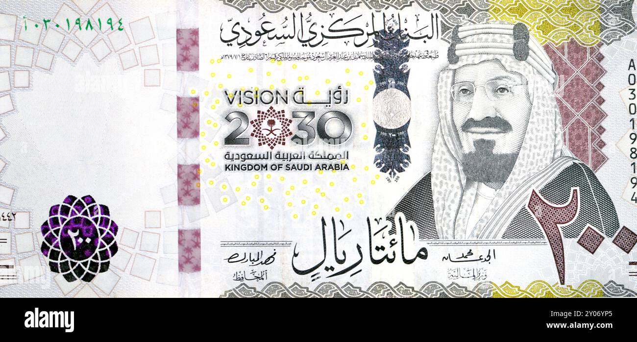 Großes Fragment der Vorderseite der Banknote 200 SAR zweihundert Saudi-Arabische Riyals, zeigt König Abdul Aziz Al Saud und Saudi-Arabien Vision von Stockfoto