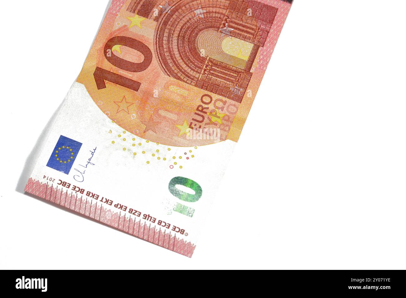 Die Vorderseite der 10-10-Euro-Banknote, die Währung der Europäischen Union mit romanischer Architektur im römischen Stil im Design, europäisches Euro-Geld, Stockfoto