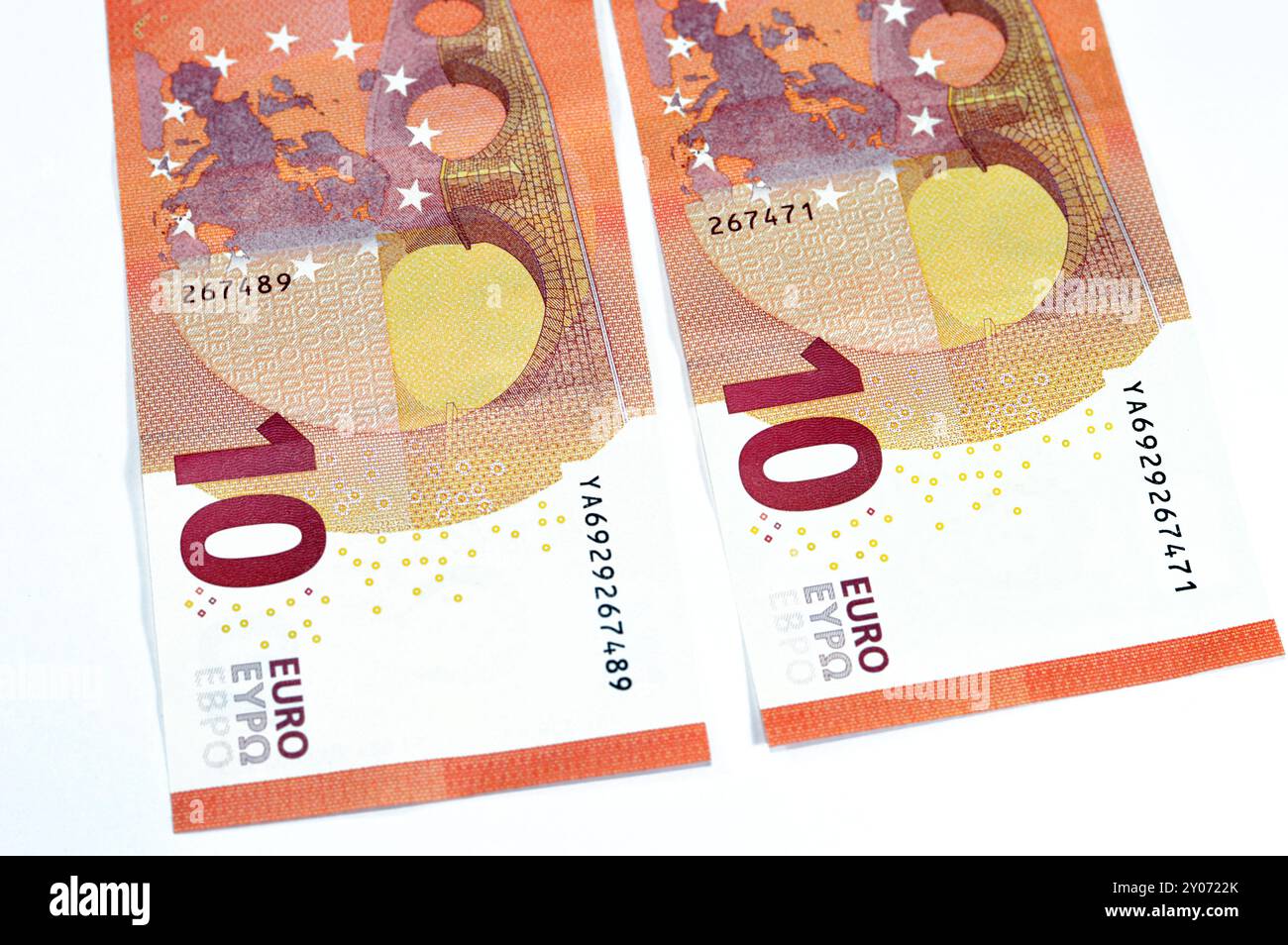 Rückseite der 10-Euro-Banknote, die Währung der Europäischen Union mit Europakarte, Sternen und Brücke römischer Architektur im Design, Europ Stockfoto