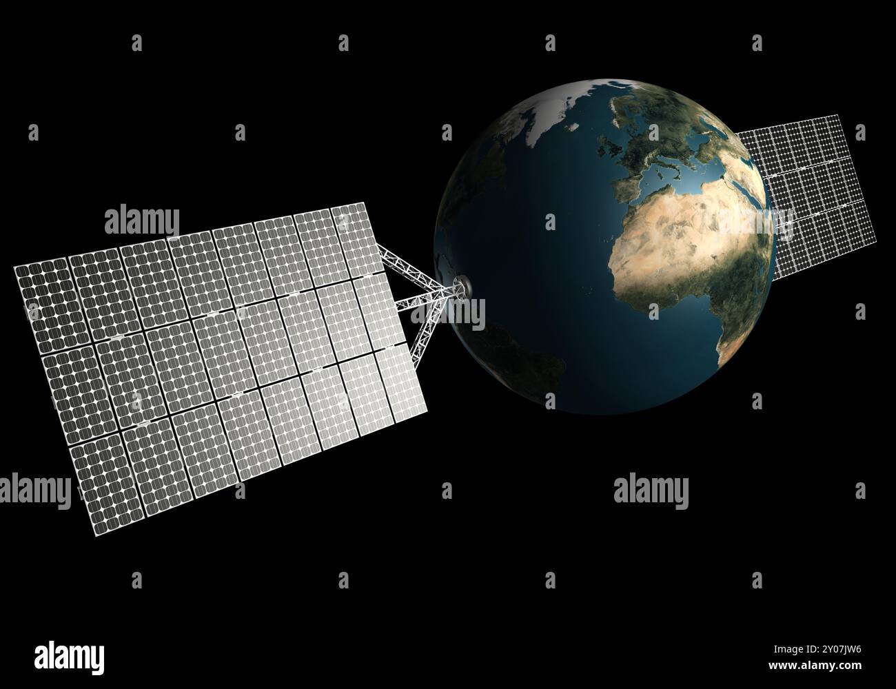 Planet Erde mit Solarpaneelen. Konzept nachhaltiger Energiequellen. Isoliert auf Schwarz Stockfoto