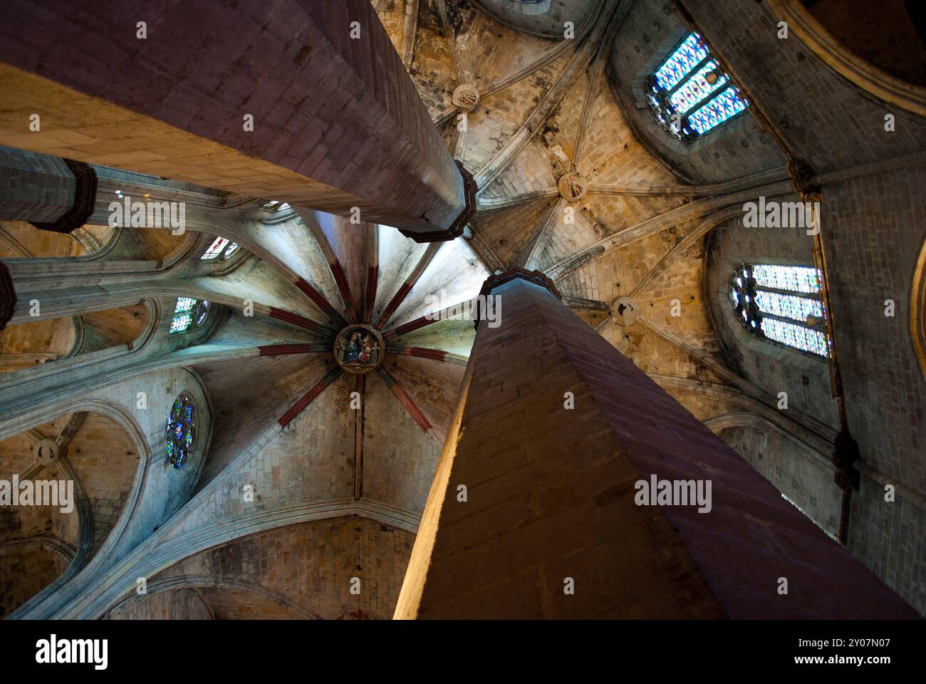 Blick nach oben auf die Decke und die Säulen der Basilika Santa María del Mar in Barcelona, mit gotischer Architektur und vertikaler Steinelegantheit. Stockfoto