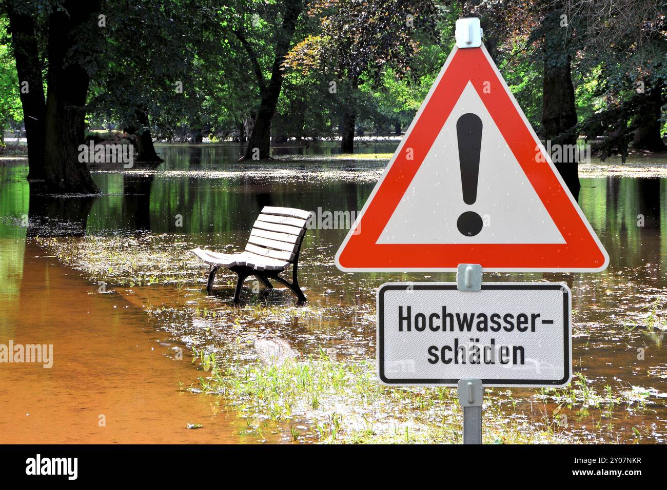 Überfluteter Park während des Hochwassers in Magdeburg an der Elbe Stockfoto