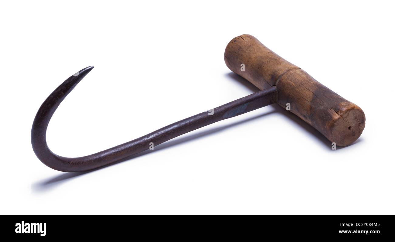 Handhaken aus altem Metall, ausgeschnitten auf weiß. Stockfoto