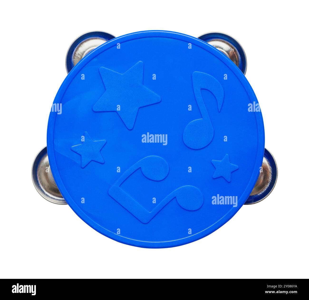 Blue Toy Tamborine Cut Out auf weiß. Stockfoto