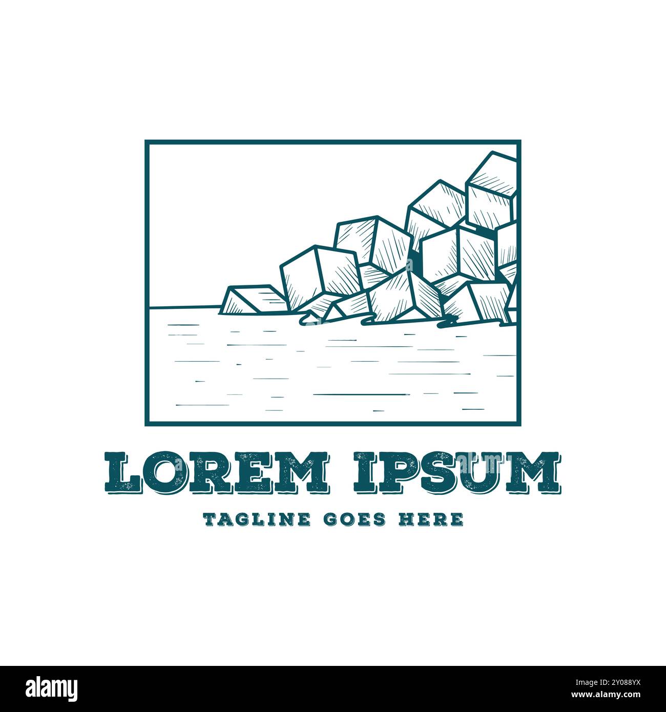 Vintage Retro Strand mit Cube Box Beton für Breakwater Illustration Design Vektor Stock Vektor