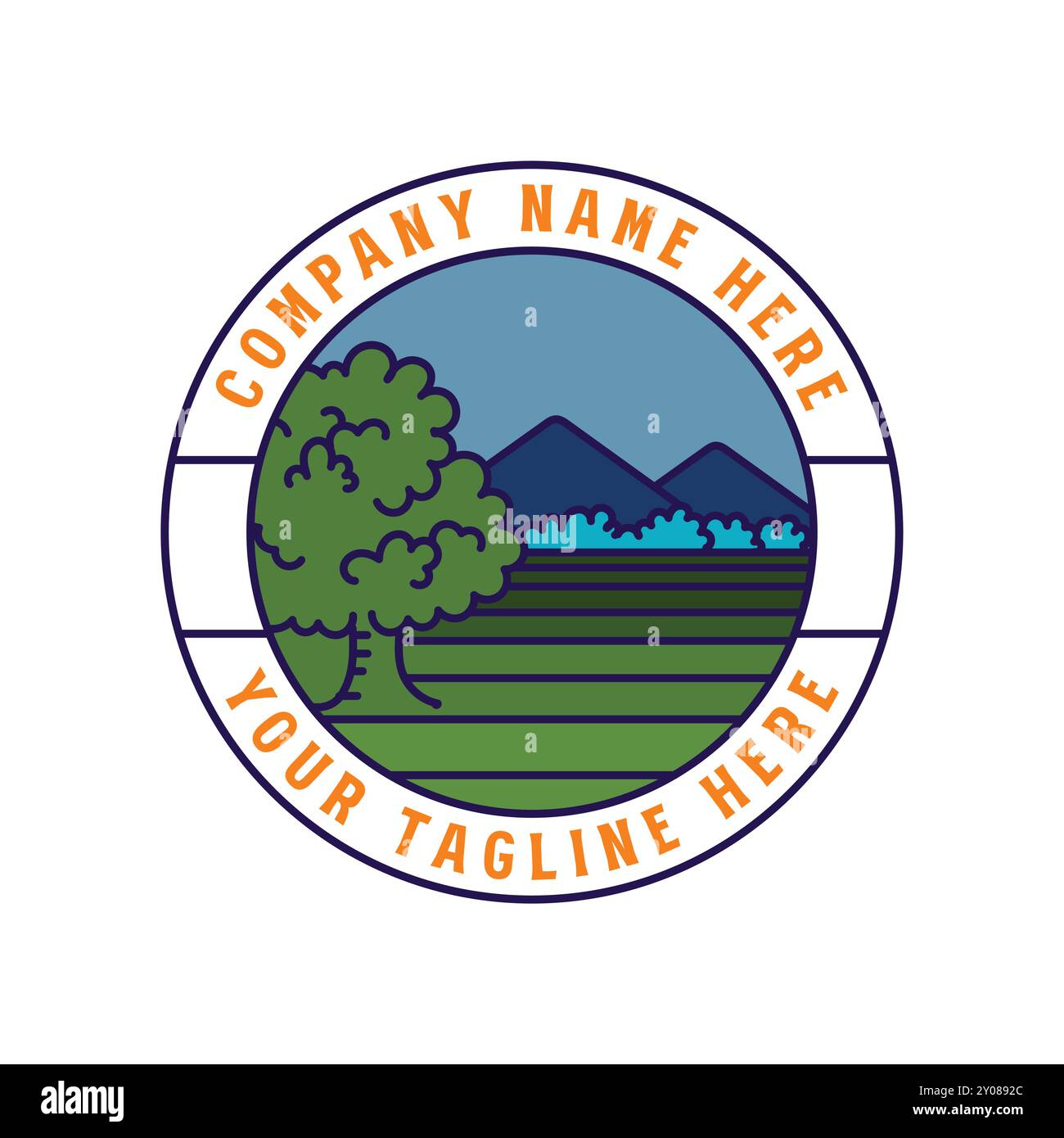 Circular Mountain Hill Landscape mit Wiese und Eiche für Outdoor Adventure Emblem Emblem Stock Vektor