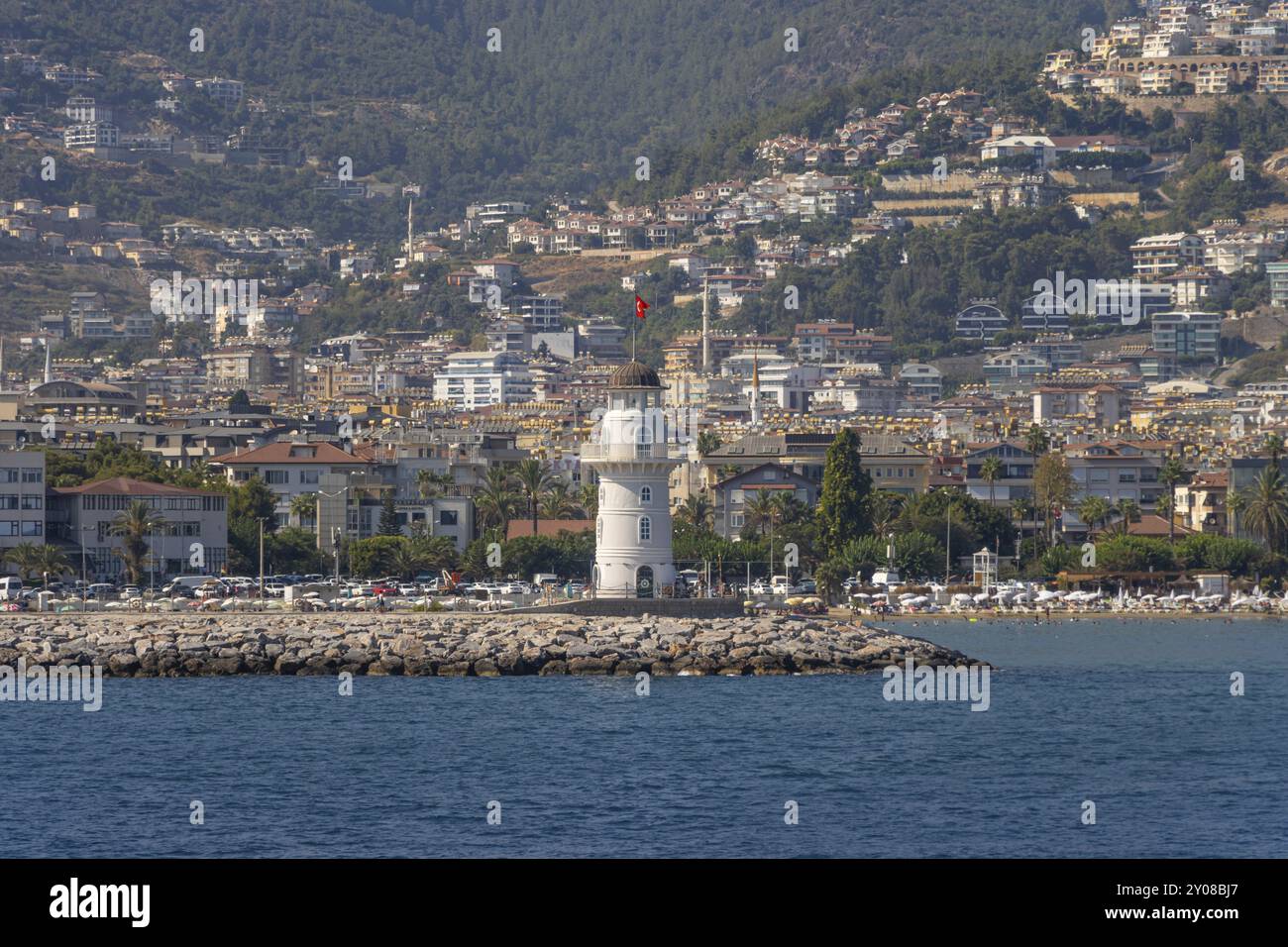 Der Leuchtturm von Alanya ist ein Wahrzeichen der türkischen Stadt, die auch eine Touristenattraktion ist, Alanya, Antalya, Türkei, Asien Stockfoto
