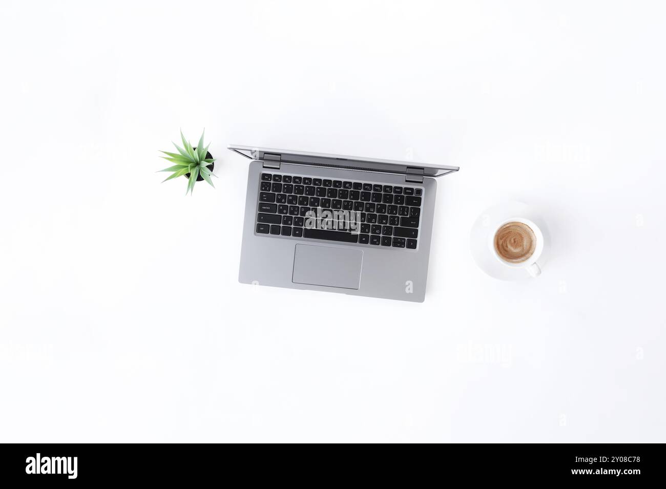 Draufsicht oben auf graues, dünnes isoliertes Notebook, weiße Tasse Espresso-Kaffee, grüner Blumentopf mit Zimmerpflanze auf weißem Hintergrund. Stockfoto