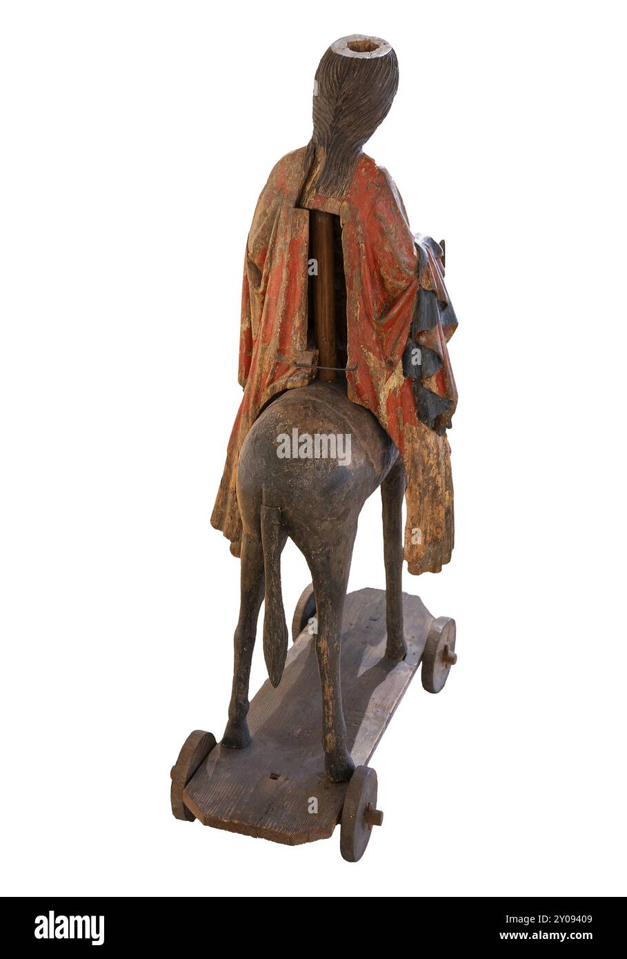 Rückansicht des Palmesels, Holzfigur um 1380, auf dunklem Hintergrund gemalt, Hohenzollerisches Landesmuseum, Hechingen, Baden-Württemberg Stockfoto