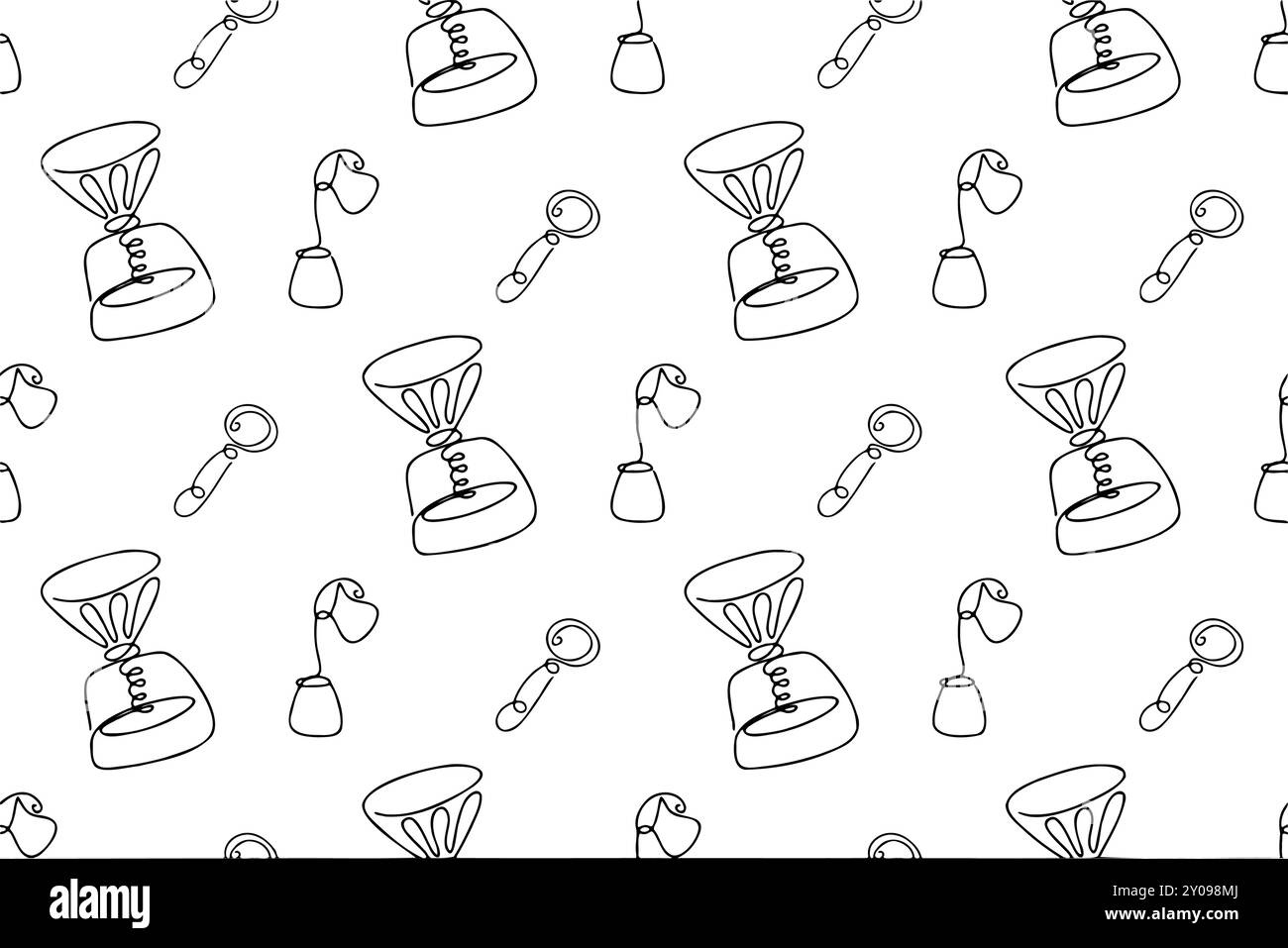 Nahtloses Muster mit Kaffeekritzelung im Linienstil. Handgezeichnete Hygge-Textur mit Tassen und Geysir-Kaffeemaschine. Einfarbiges, nahtloses Design mit lustigem Lächeln Stock Vektor