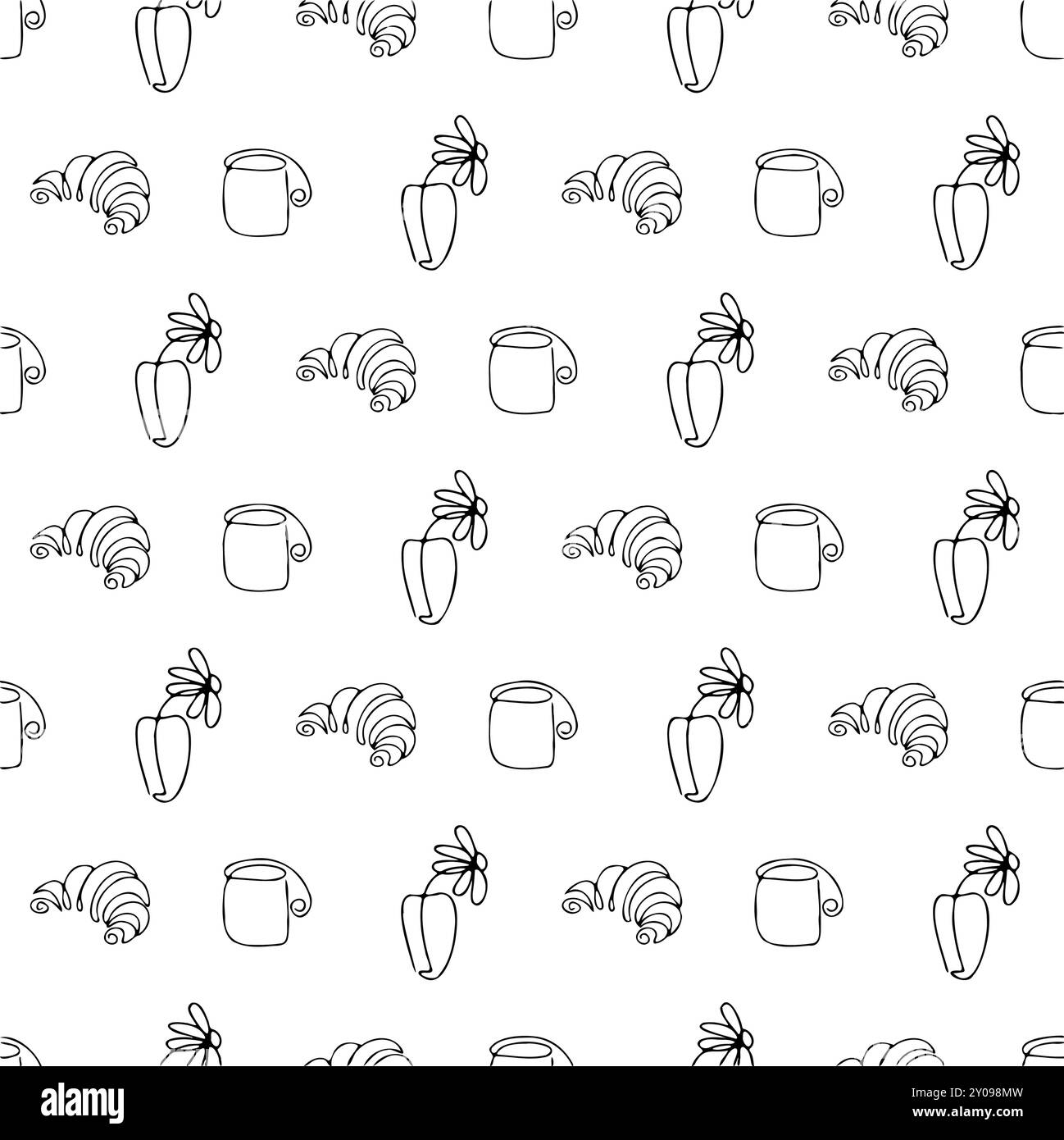 Niedliches, nahtloses Muster zum Frühstück - Toast, Marmelade, Kaffee, Tee, Croissants, Waffeln, Pfannkuchen. Vektor-handgezeichnete Illustration im Doodle-Stil. P Stock Vektor