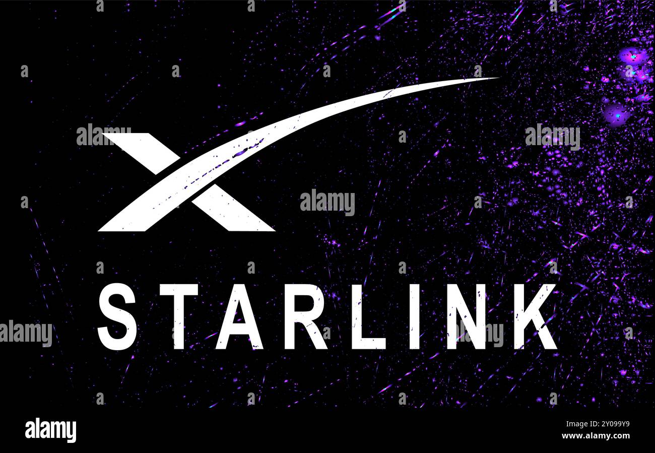 Logo-Satelliteninternetfirma Starlink SpaceX auf schwarzem Hintergrund Stockfoto