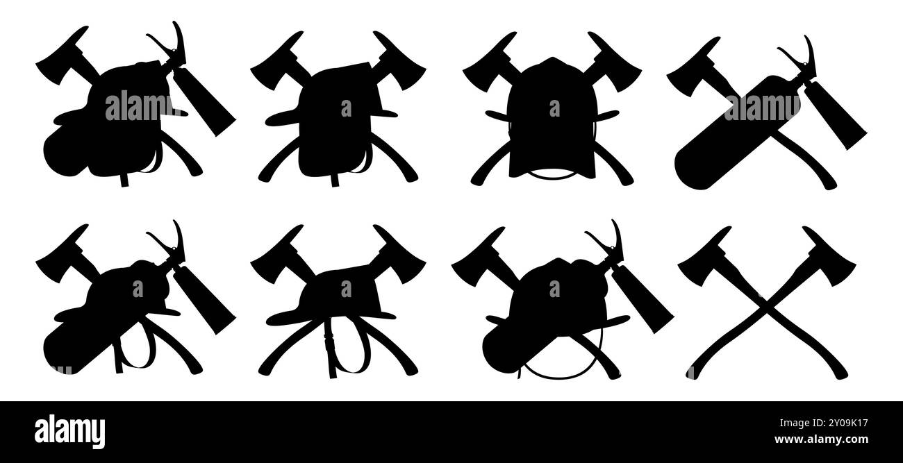 Brandschutzausrüstung, gekreuzter Feuerlöscher und Axt Symbol, Notfallschilder. Set mit Flammenbekämpfungswerkzeugen - Feuerlöscher, Helm oder Feuermütze, Axt, Stock Vektor