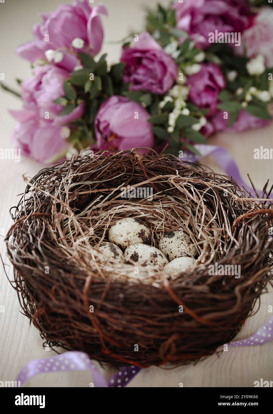 Blumen und Oster nest mit Eiern auf rustikalen hölzernen Hintergrund. Frühlingszeit. Retro, getönt Stockfoto