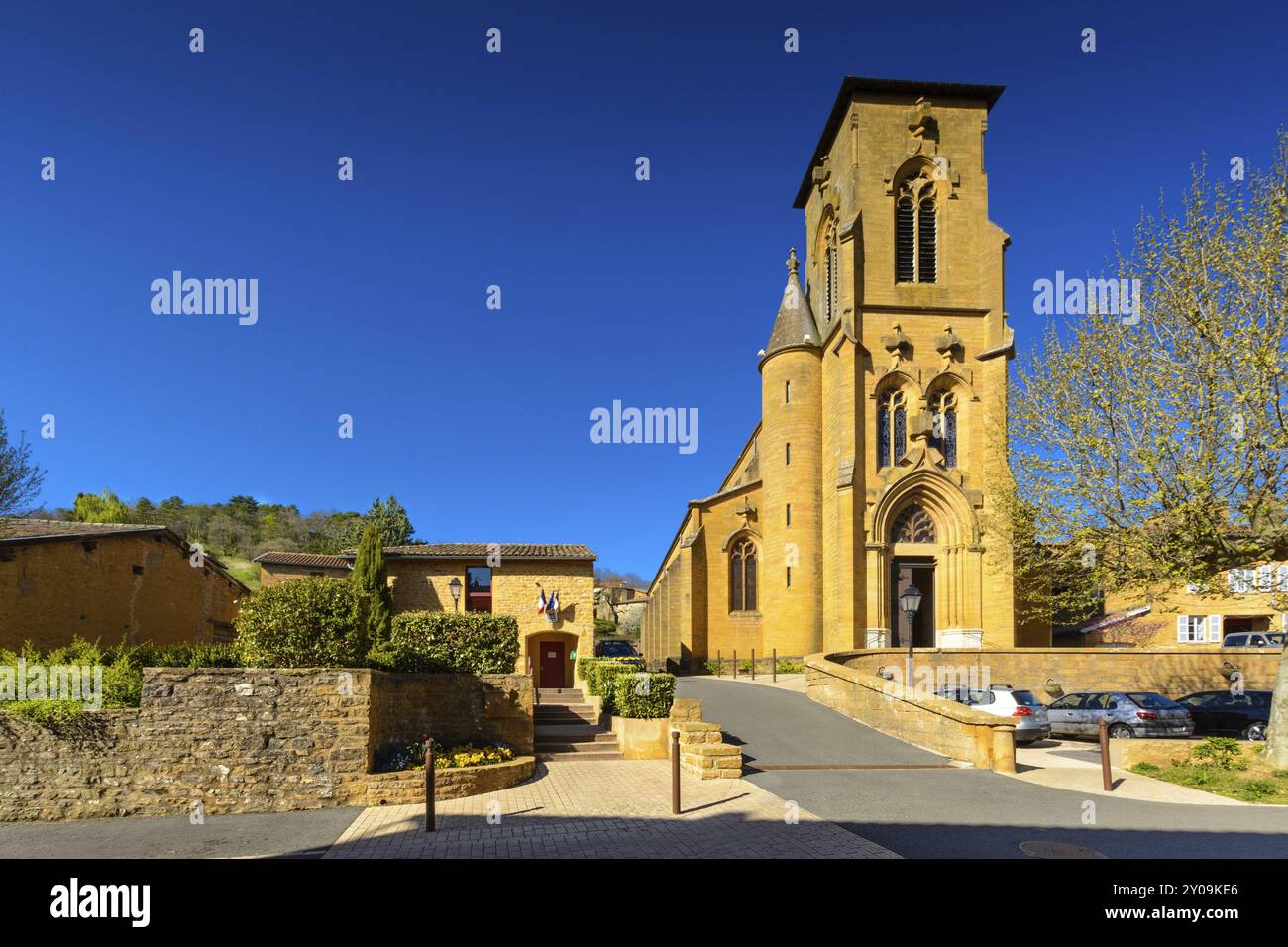 Zentrum des Dorfes Theize in Beaujolais, Dorf der goldenen Felsen, Burgund, Frankreich, Europa Stockfoto