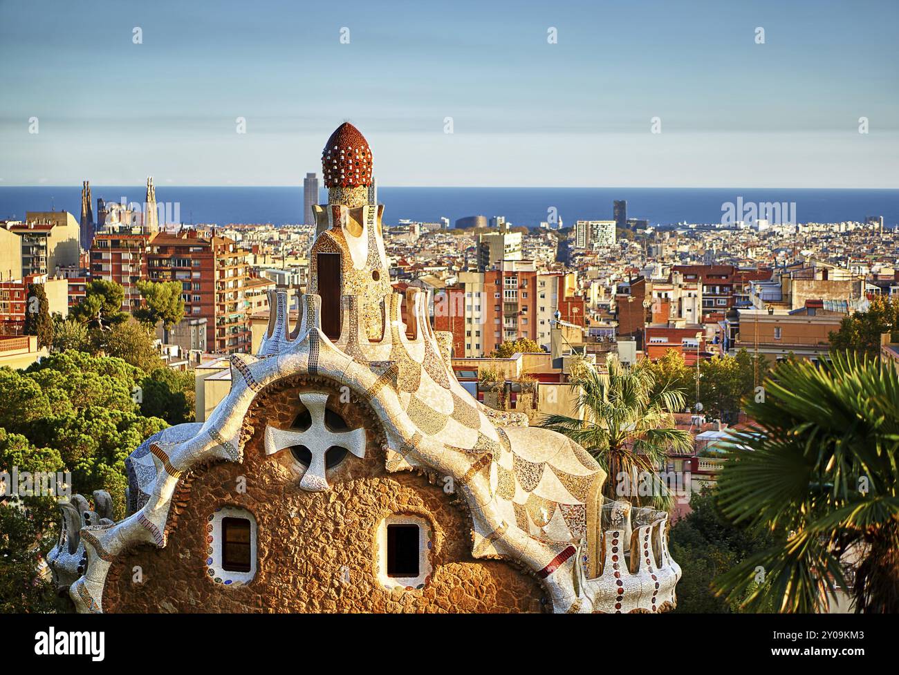 Park Guell Haus bei Sonnenuntergang, in Barcelona Spanien Stockfoto