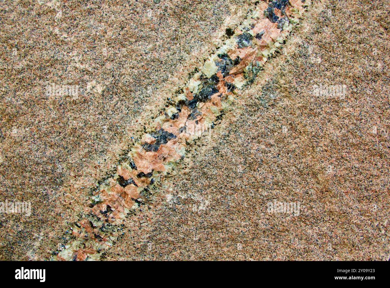 Nahaufnahme einer Steinplatte aus rotem Granit mit schönem Steinmuster und Textur an der schwedischen Westküste. Stockfoto